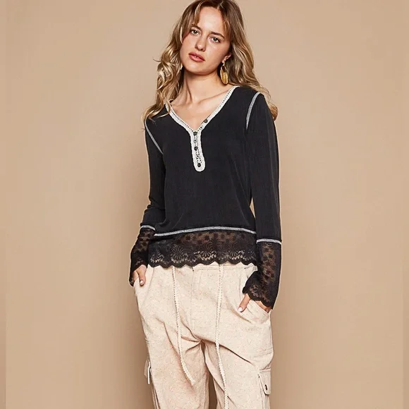 POL Black Henley Top Lace Sleeves - Picture 5 of 5